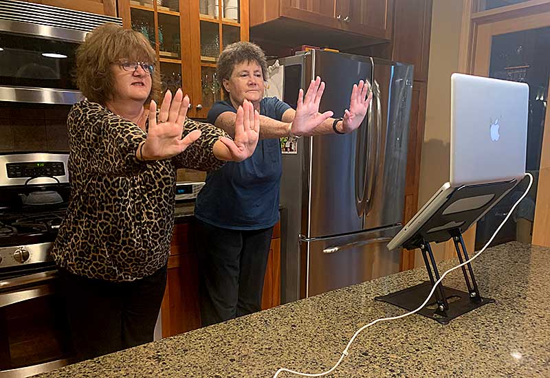 Participants practicing tai ji quan movement in front of a laptop