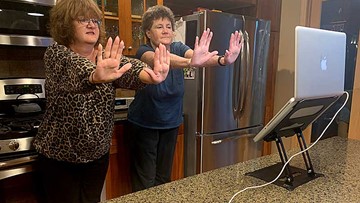 Participants practicing tai ji quan movement in front of a laptop
